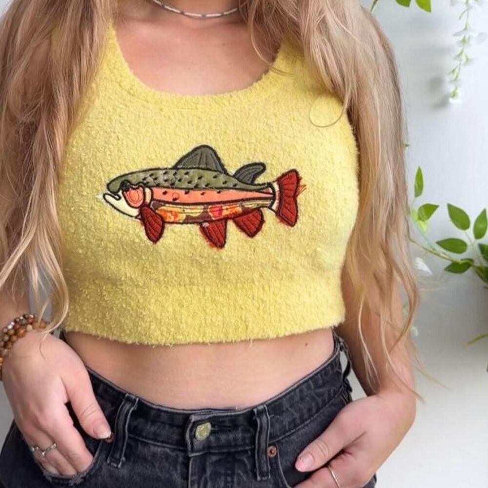Upcycled patchwork fish embroidered yellow textured crop tank
